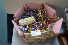 Fabric Box Containing Costume Jewellery, Necklaces, Bracelets, etc.