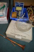 Assorted Items Including Hunting Horn, Paint Brush Set, Punch Bowl, etc.