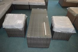 *Synthetic Rattan Glass Topped Coffee Table and Two Stools