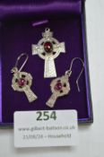 St. Justin Silver Celtic Cross with Garnets, Pendant, and Earrings