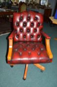 Red Leather Chesterfield Swivel Office Armchair