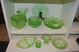 1930’s Green Glass Dishes, Bowls, etc.