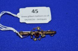Continental 9ct Gold Bar Brooch with Garnet and Seed Pearls 2g Including Steel Pin