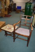 Oak Arts & Crafts Chair, and a Folding Fire Screen Table with Floral Embroidery
