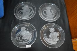 Set of Four Michael Yates Engraved Lead Crystal Glass Plates