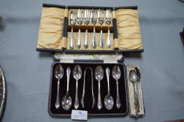 Two Cased Sets of Teaspoons, Tongs, and Cake Forks by Mappin & Webb etc.