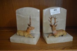 Pair of Onyx Bookends with Painted Pewter Reindeer