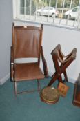 Victorian Chair with Leather Upholstery, Folding Luggage Stand, and Footstool