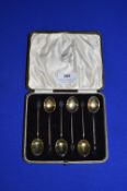 Cased Set of Six Sterling Silver Coffee Bean Spoons with Engine Turned Enamel Bowls