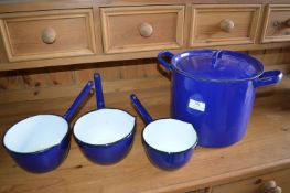 Set of Three Blue Enamel Pans and a Double Handled Pot