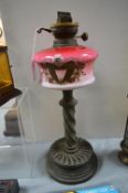 Victorian Oil Lamp with Decorated Pink Glass Reservoir