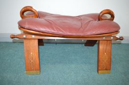 Eastern Camel Stool with Leather Cushion and Brass Inlay