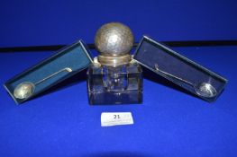 Glass Inkwell with Continental 800 Silver Golf Ball Cap, plus Two Sterling Silver Golf Club