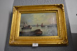 Gilt Framed Oil on Canvas Study of Steamers and Barges on the Thames by H. Williamson