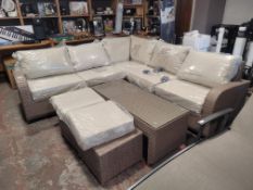 *Rattan Effect Corner Unit with Glass Topped Coffee Table and Two Stools