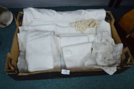 French Antique Embroidered and Monogramed Damask Table Linen Including Six Napkins 