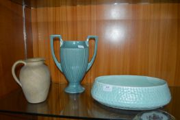 Earthenware Jug, Devon Vase, and a Green Gazed Bow
