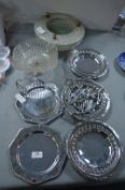1930's Glass Ceiling Light Shade, Cake Stands, etc