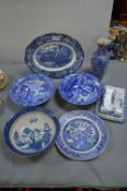 Assorted Blue & White Bowls, Vases, and Butter Dis