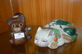 Carved Hardwood Cat and a Glazed Pottery Cat