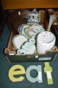 Box of Assorted Pottery Including Welcome Sign, Pl