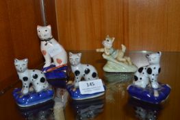 Four Staffordshire Style Cats and a Rabbit Ornamen