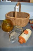 Wicker Basket, Two Jelly Moulds, Hot Water Bottle,
