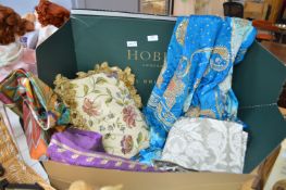 Box of Assorted Fabrics, Scatter Cushions, Saris,