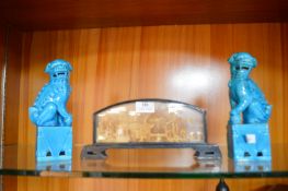Glazed Oriental Carved Cork Scene, and a Pair of B