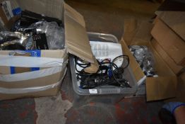 *Two Boxes of Assorted Cables and Batteries, and a Box of Paint Tins
