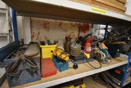 Contents of Shelf to Include Assorted Tools, Toolboxes, Tile Cutter, etc.