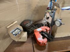 Beam clamp with a set of chain blocks, 2 new boxed led lights and a DTI