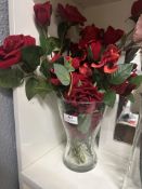 *Glass Vase Containing Artificial Red Roses and Poppies