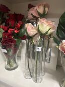 *Four Glass Specimen Vases Containing Artificial Roses, and a Wood Framed Mirror