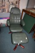 Green Leather Swivel Armchair with Footstool