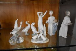 Eight Lladro and Nao Figurines and Geese (some AF)