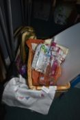 Two Baskets of Decorative Items, Shoe Bags, etc.