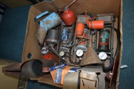 Vintage Motoring Items Including Oil Cans, Foot Pu