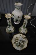 Masons Ironstone Chartreuse Pattern Candlesticks,