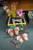 Box of Artificial Flowers, Metal Wall Art, and Vas