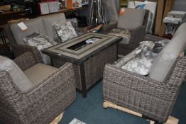 *Agio Patio Seating Set with Fire Pit Including Two Love Seats, Two Gliding Swivel Chairs, Cushions,