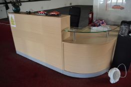 *Light Oak L-Shape Reception Desk with Plate Glass Shelf and Silver Trim 240x160cm in Three