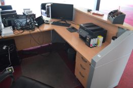 *Contemporary Style Light Beech Effect & Grey Metal Reception Desk with Standalone Drawer Pedestal