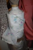 *~50m x 1.2m Roll of white polycotton fabric with Pink & Blue Floral Design Fabric