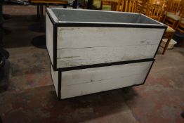 Two Rectangular White Painted Wood Planters on Wheels