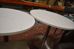 *Two White Circular Topped Tables on Pedestal Bases 75cm tall