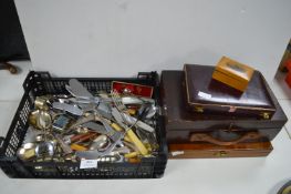 Assorted Vintage Cutlery and Wooden Boxes
