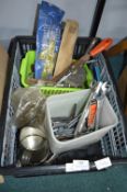Crate of Assorted Tools Including Oil Can, Spanner