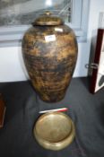 Large Lidded Vase and a Metal Bowl