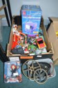Box of Retro Toys, Portable TV, Various Cogs, and